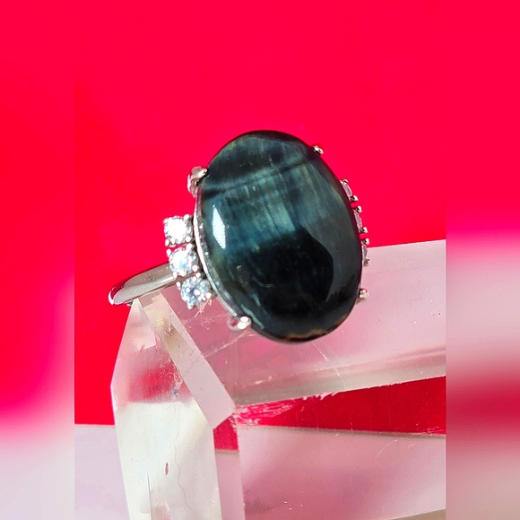 Natural Blue Tiger Eye & CZ 925 Sterling Silver Ring - Picture 4 of 10